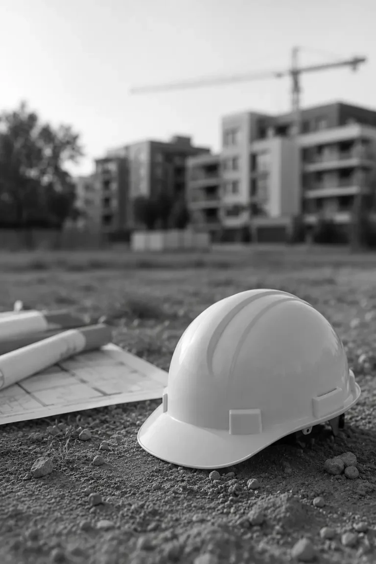 Casco de obra y planos sobre un terreno destinado a una promoción inmobiliaria