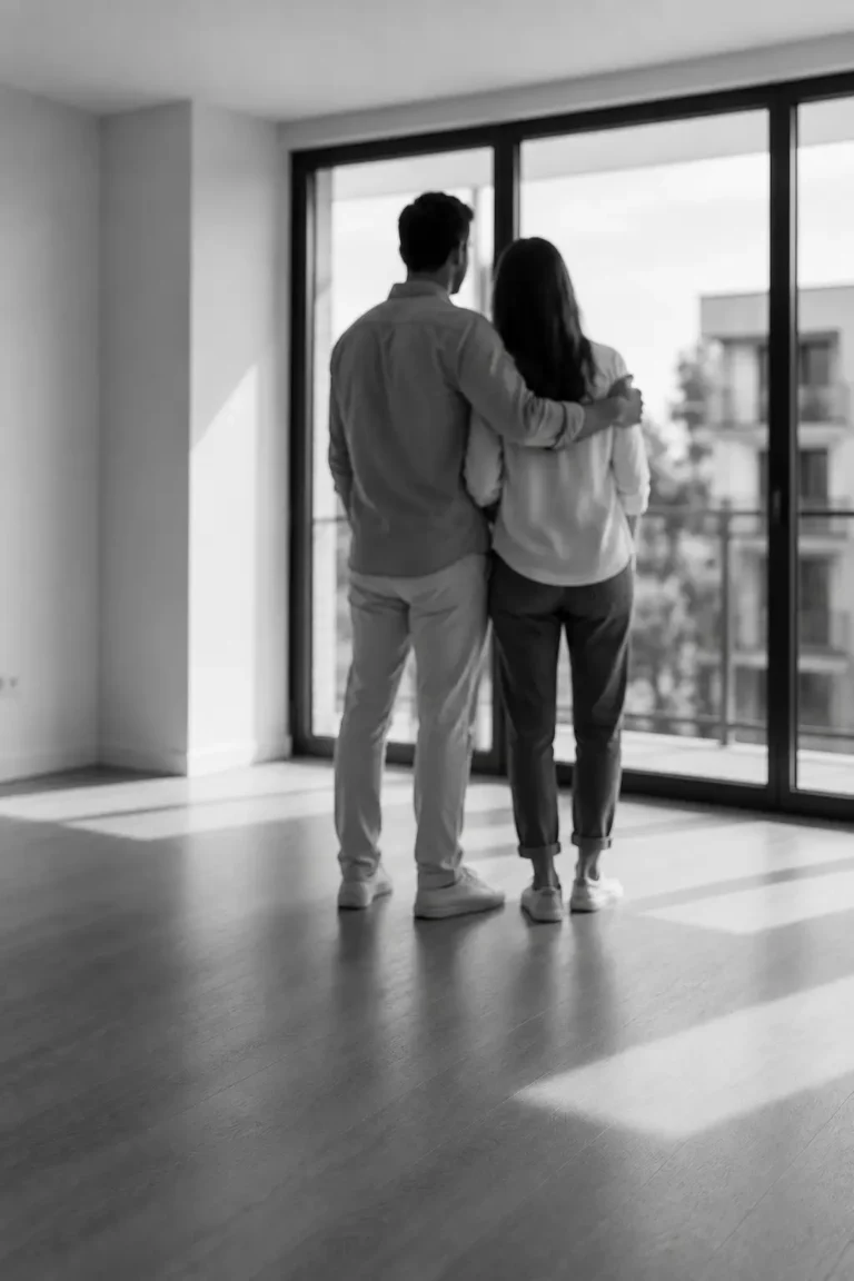 Pareja observando su primera vivienda en un espacio luminoso